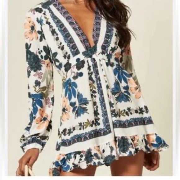 FREE PEOPLE 8 Violet hill ruffle detail V neck Tie boho shabby chic tunic dress - Picture 2 of 15